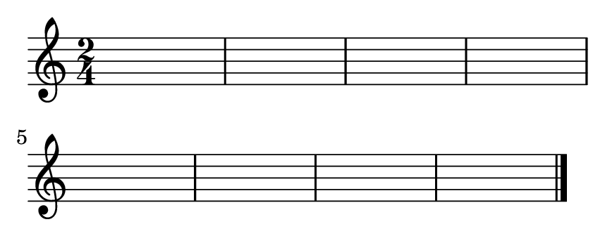 Pentagrama vacío en 2/4 para escribir un comienzo anacrúsico y otro tético