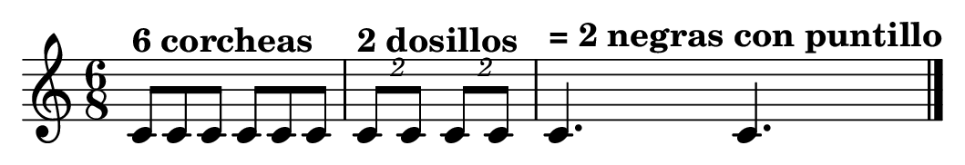 Ejemplo de dosillo musical en un compás de 6/8: seis corcheas, dos dosillos y dos negras con puntillo