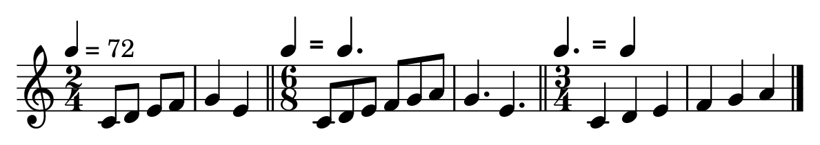 Ejercicio de equivalencias: 2/4 con negra = 72, cambio a 6/8 (negra = negra con puntillo) y a 3/4 (negra con puntillo = negra)