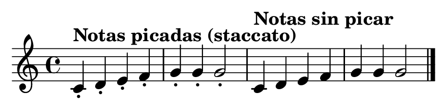 Notas picadas o en staccato comparadas con notas sin picar
