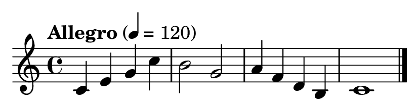 Indicación de tempo al principio de una partitura: Allegro, negra = 120