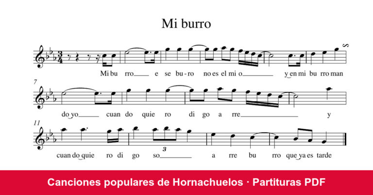 Partitura de la canción popular Mi burro, recogida en Hornachuelos